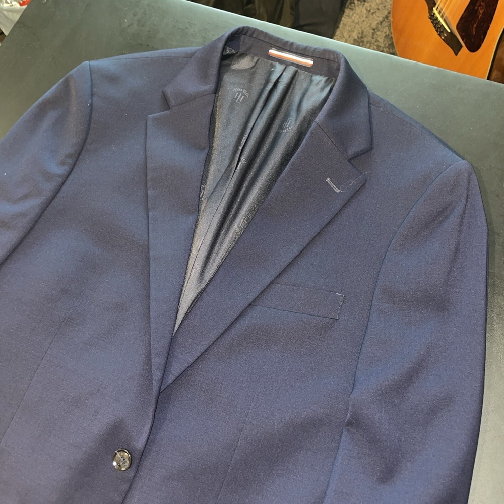 Tommy Hilfiger Mens Blazer Jacket Size 42L Navy Blue Solid Classic Sport Coat